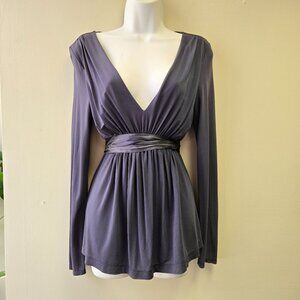 BCBGMAXAZRIA Long-Sleeve V-Neck Y2K Babydoll Empire Tunic Top Silk Belt Waist Gr